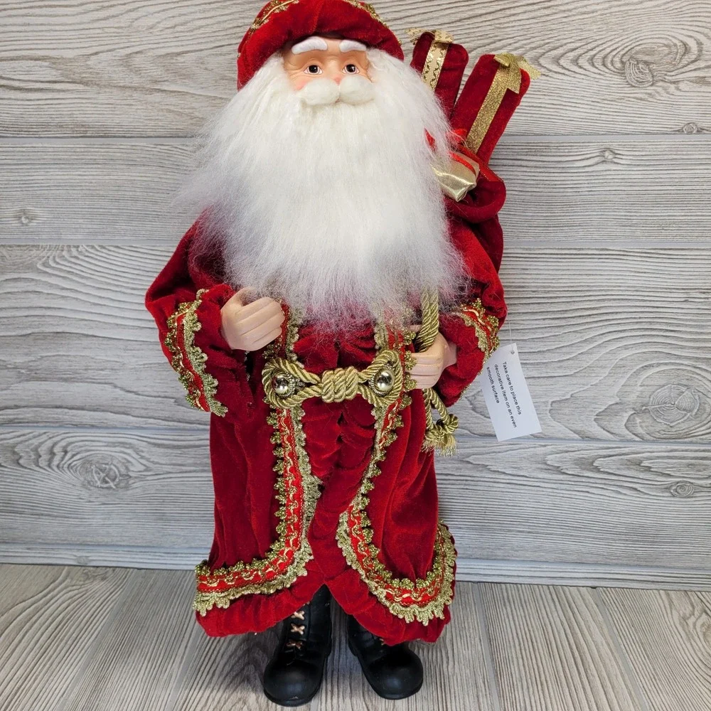 Santa Claus Figurine Red Velvet Gold Trim Traditional Holiday St Nick Sack Gifts